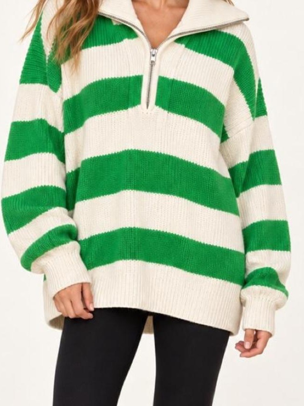 Aerie Women’s Green White Striped Quarter Zip Oversized Knit Sweater